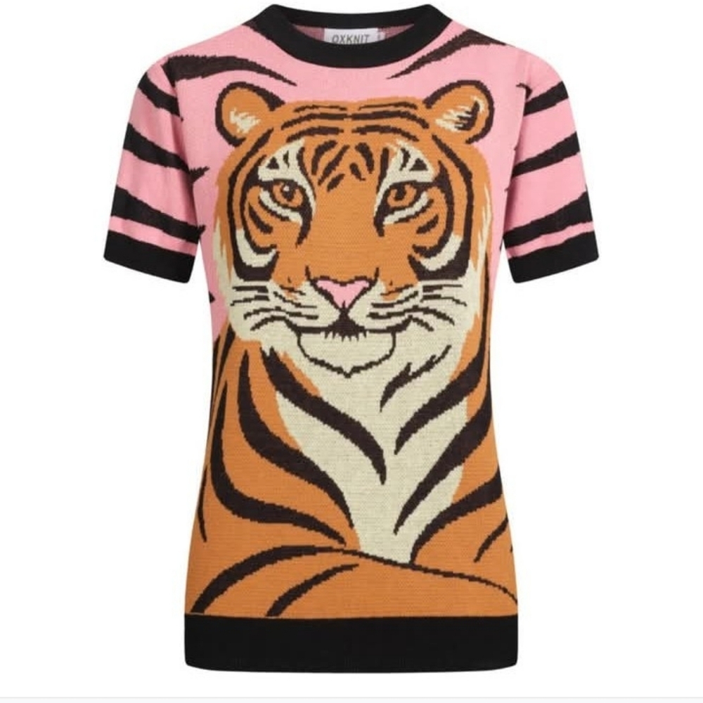 💫NWT Oxknit Women's pink zebra print tiger jacquard knitted T-shirt 